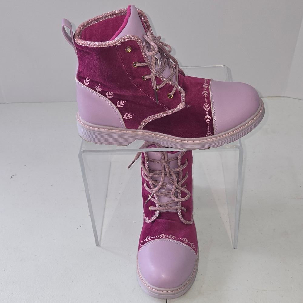 Disney Frozen II Girls Anna Purple Velvet Lace Up Combat Boots Glitter Size 4